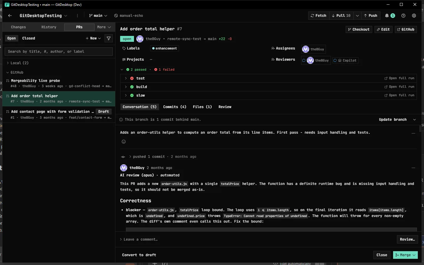 A GitHub pull request in GitDesktop: CI checks (2 passed, 1 failed) with per-job status, an automated AI review, and the merge action